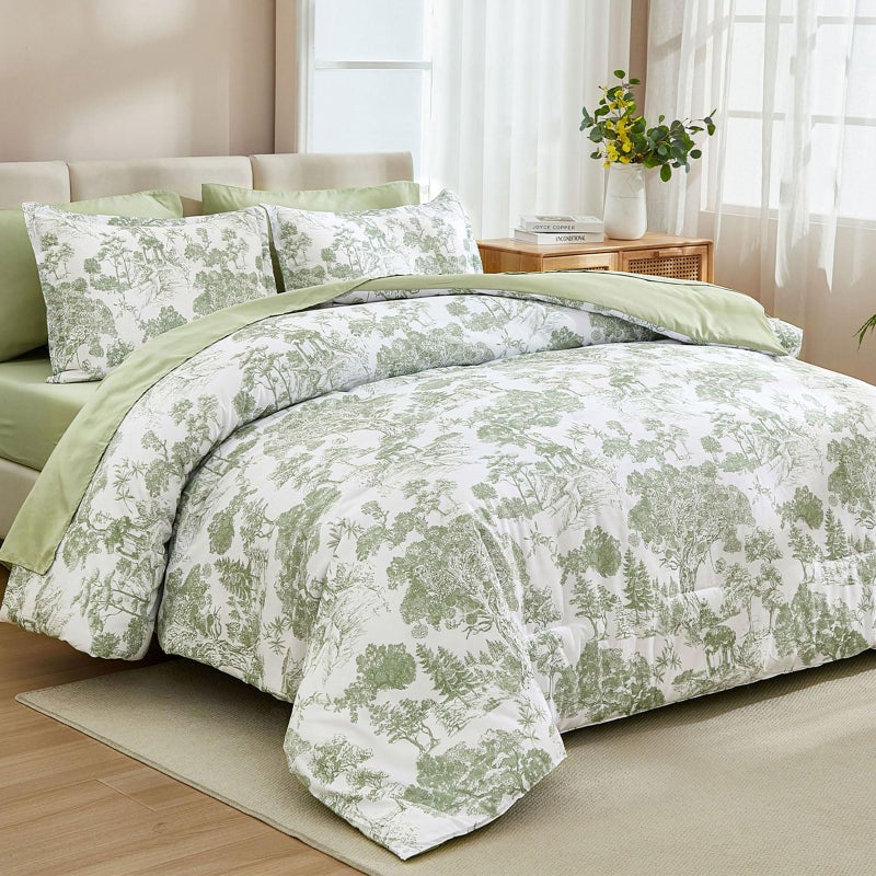 DJY Comforter Set Queen Size  Sage Green 7 Pieces Bed in a Bag Queen Botanical Comforters with Sheets Elegant Plants Print Soft Microfiber Reversible Complete Bedding Sets for All Season - Image 2
